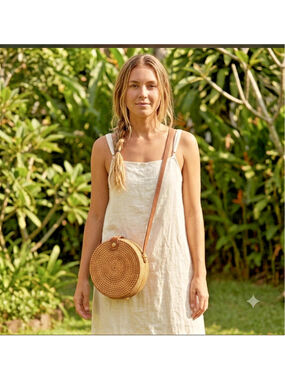 Handcrafted Round Rattan Cross Body Purse Bag Canteen Style Leather Strap Boho